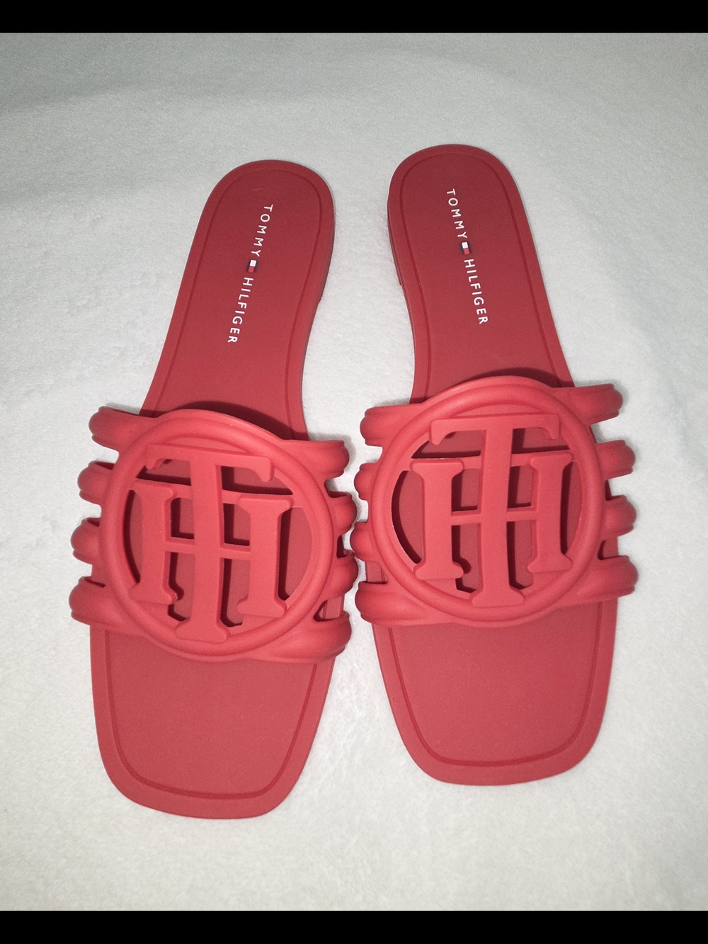 Tommy Hilfiger Women's Red Logo Slide Sandals with Raised Monogram